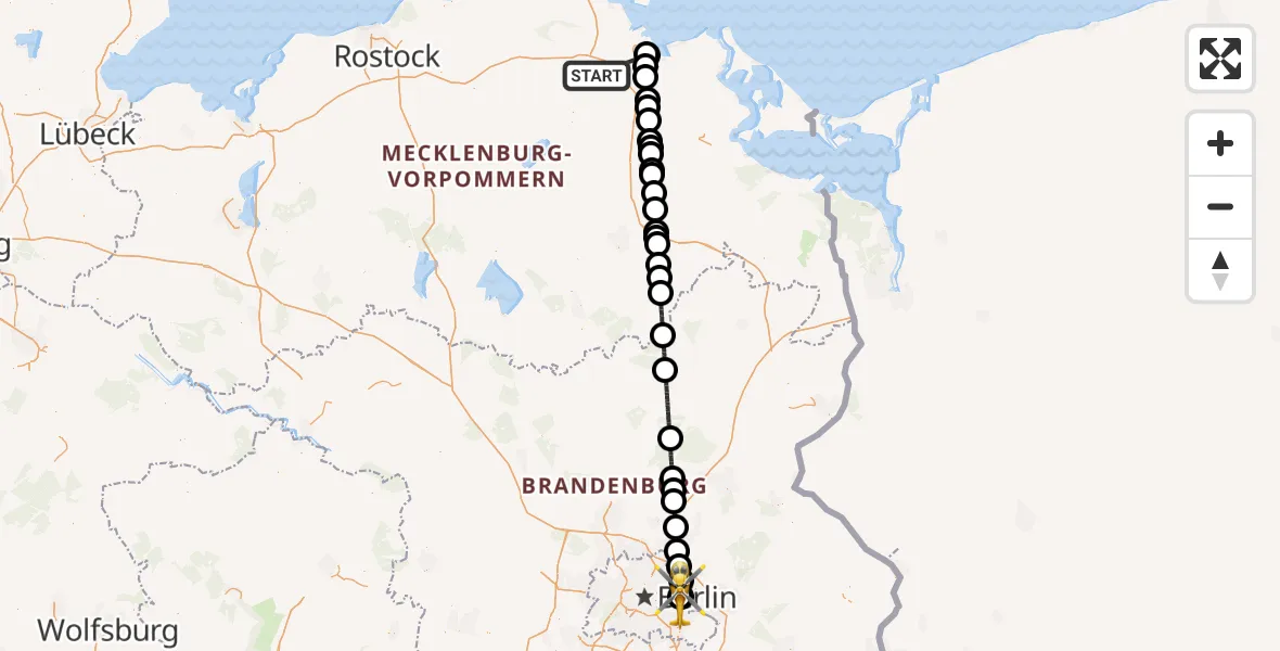 Flugroute Rettungshubschrauber Süderholz - Berlin Emergency Hospital, 26 Mai 2026, 23:29