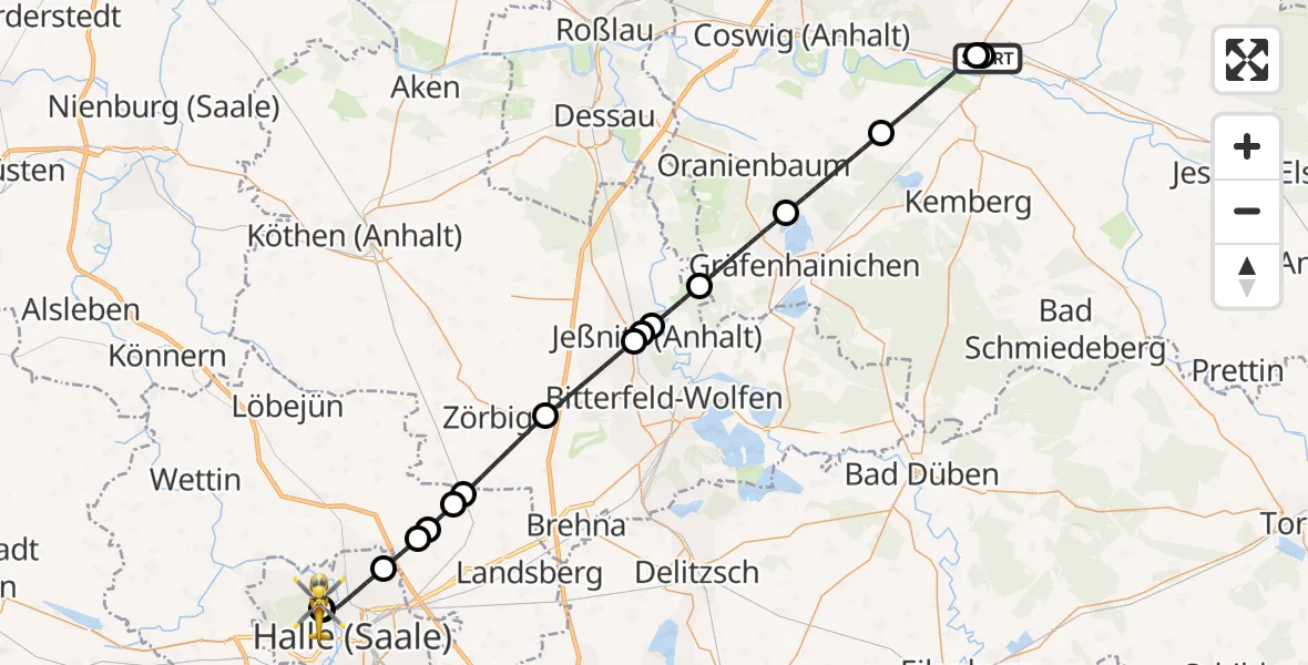 Flugroute Rettungshubschrauber Paul-Gerhardt-Stift Evangelical Hospital - Halle (Saale) University Hospital, 26 Mai 2026, 23:45