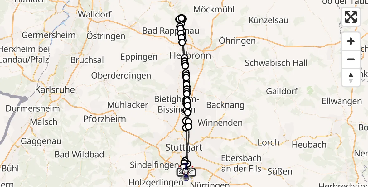 Flugroute Polizeihubschrauber Flughafen Stuttgart - Flughafen Stuttgart, 26 Mai 2026, 23:55