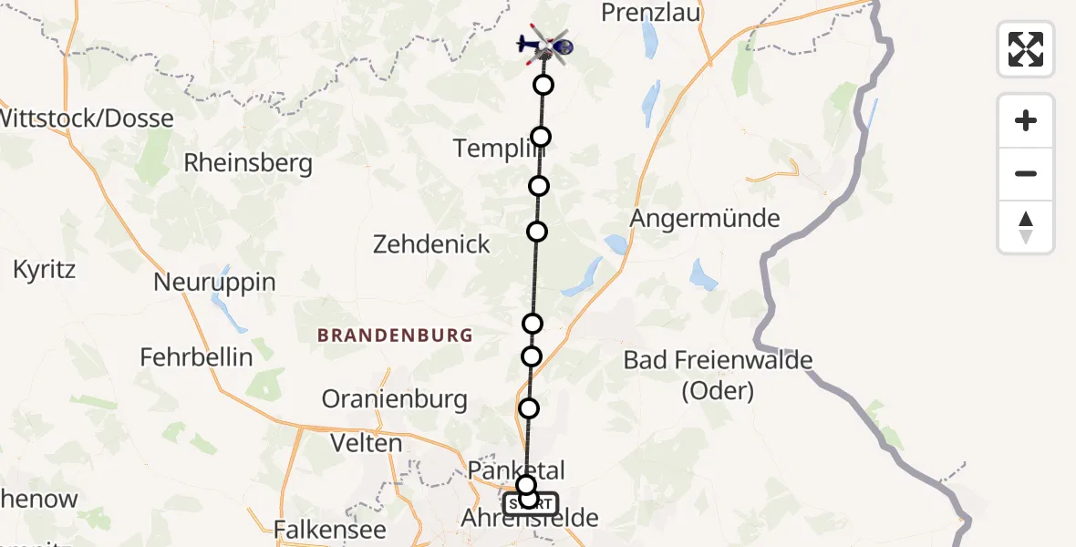 Flugroute Polizeihubschrauber Ahrensfelde Hubschrauberlandeplatz - Boitzenburger Land, 27 Mai 2026, 00:04