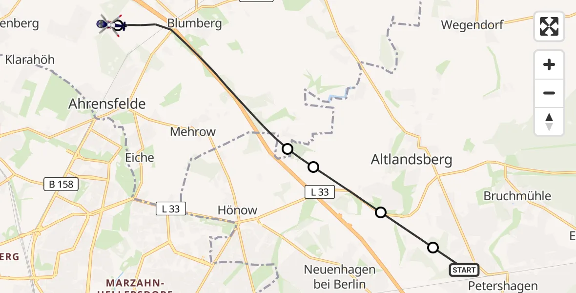 Flugroute Polizeihubschrauber Fredersdorf-Vogelsdorf - Ahrensfelde Hubschrauberlandeplatz, 27 Mai 2026, 00:11