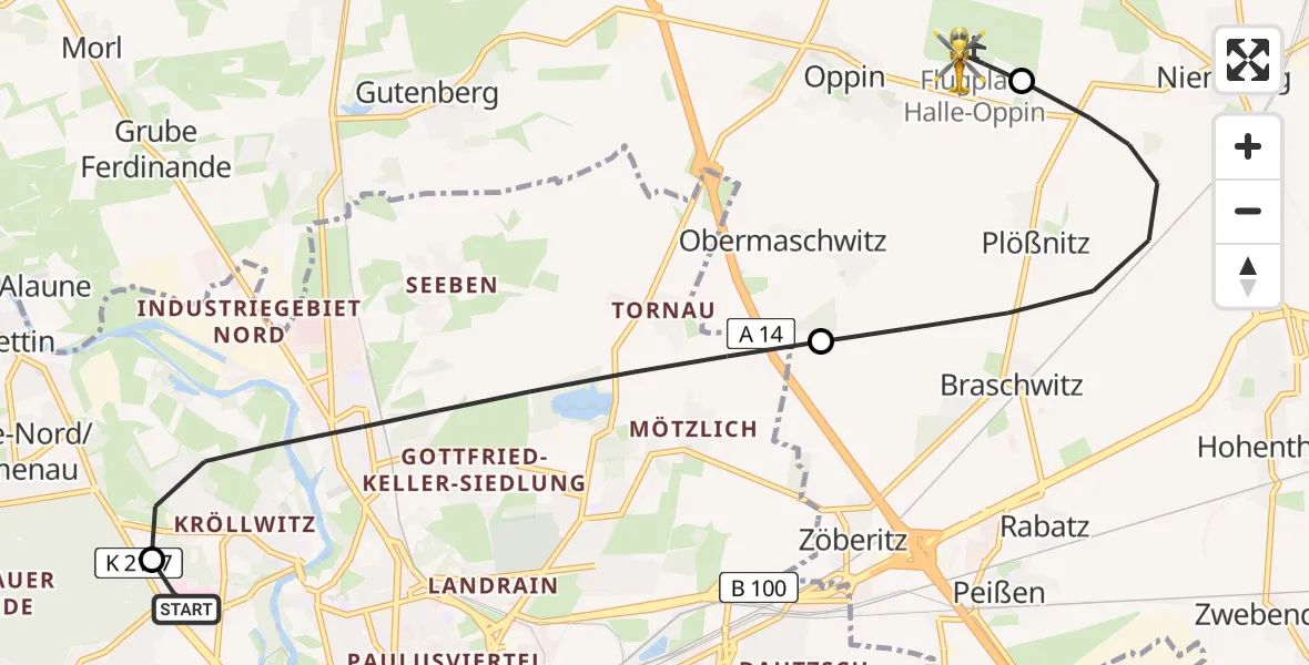 Flugroute Rettungshubschrauber Halle (Saale) University Hospital - Halle-Oppin Flugplatz, 27 Mai 2026, 00:34