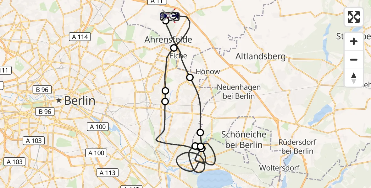 Flugroute Polizeihubschrauber Ahrensfelde Hubschrauberlandeplatz - Ahrensfelde Hubschrauberlandeplatz, 27 Mai 2026, 00:35