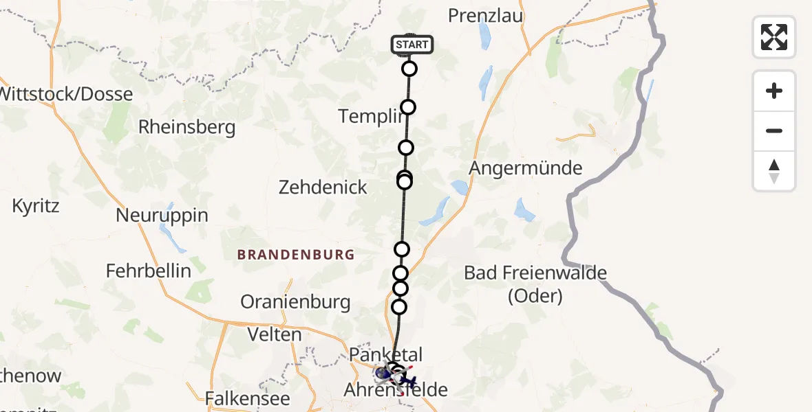 Flugroute Polizeihubschrauber Boitzenburger Land - Ahrensfelde Hubschrauberlandeplatz, 27 Mai 2026, 00:46