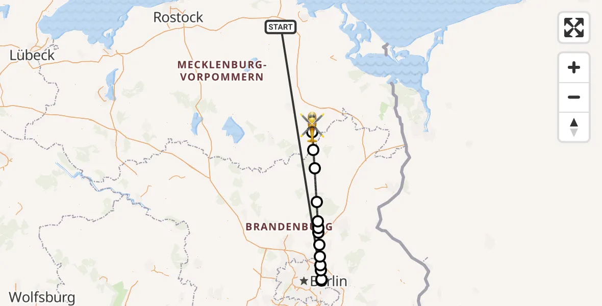 Flugroute Rettungshubschrauber Süderholz - Woldegk, 27 Mai 2026, 01:03