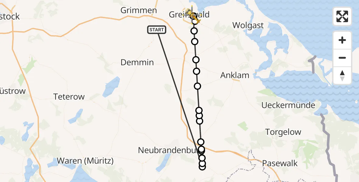 Flugroute Rettungshubschrauber Süderholz - Greifswald Hospital, 27 Mai 2026, 01:39