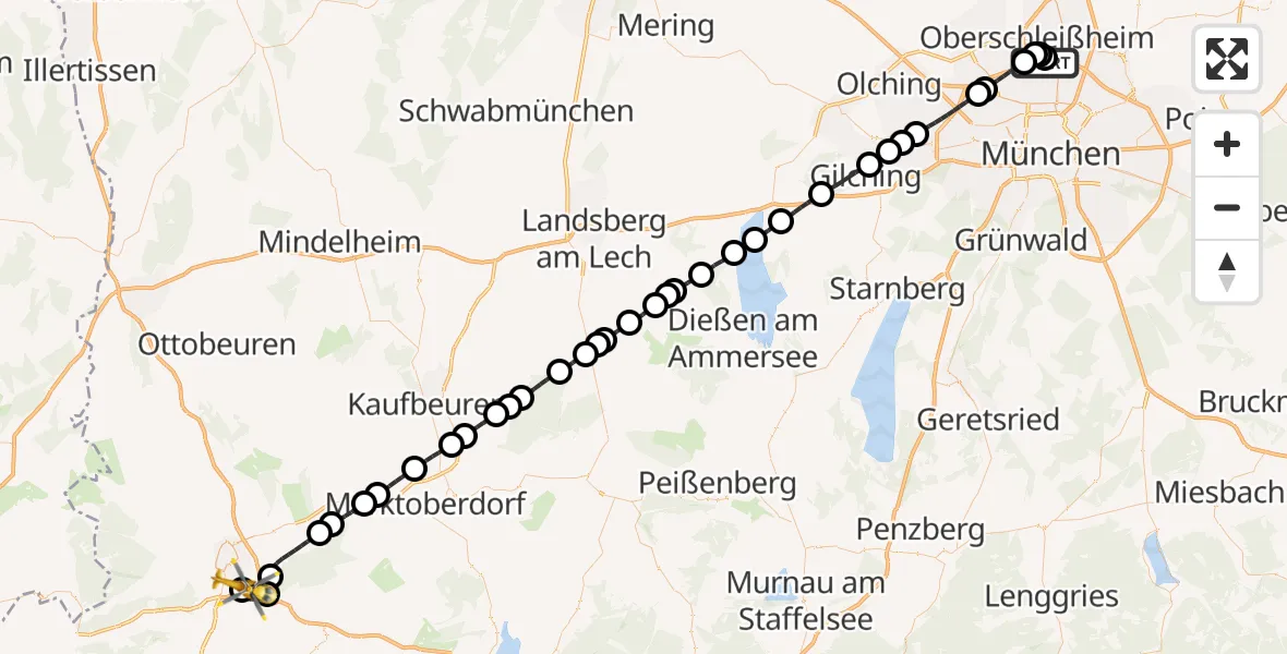 Flugroute Rettungshubschrauber Oberschleißheim - Kempten-Durach Flugplatz, 27 Mai 2026, 04:01
