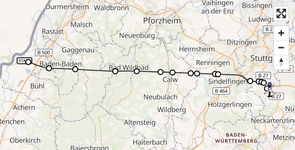 Flugroute Polizeihubschrauber Karlsruhe Baden-Baden Flughafen - Flughafen Stuttgart, 27 Mai 2026, 04:53
