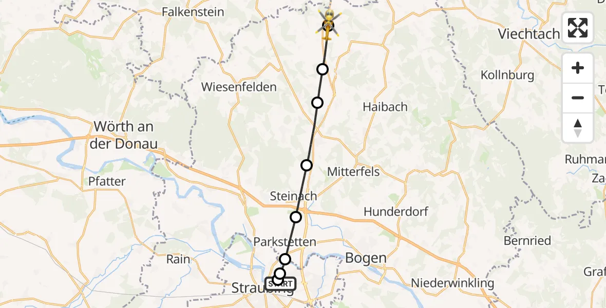 Flugroute Rettungshubschrauber Sankt Elisabeth Hospital Straubing - Loitzendorf, 27 Mai 2026, 05:19