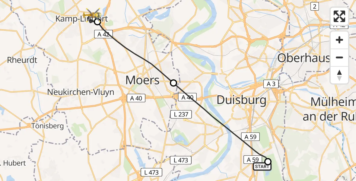 Flugroute Rettungshubschrauber Duisburg Air Rescue Hubschrauberlandeplatz (Christoph 9) - Kamp-Lintfort, 27 Mai 2026, 05:27