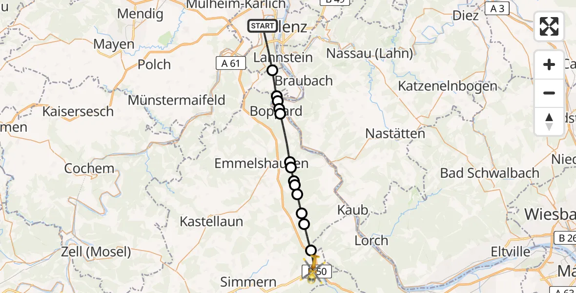 Flugroute Rettungshubschrauber Koblenz - Rheinböllen, 27 Mai 2026, 05:36