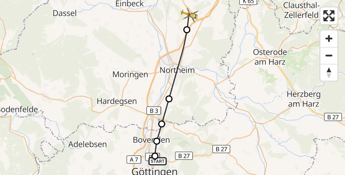 Flugroute Rettungshubschrauber Göttingen University Clinic Hubschrauberlandeplatz - Kalefeld, 27 Mai 2026, 05:46