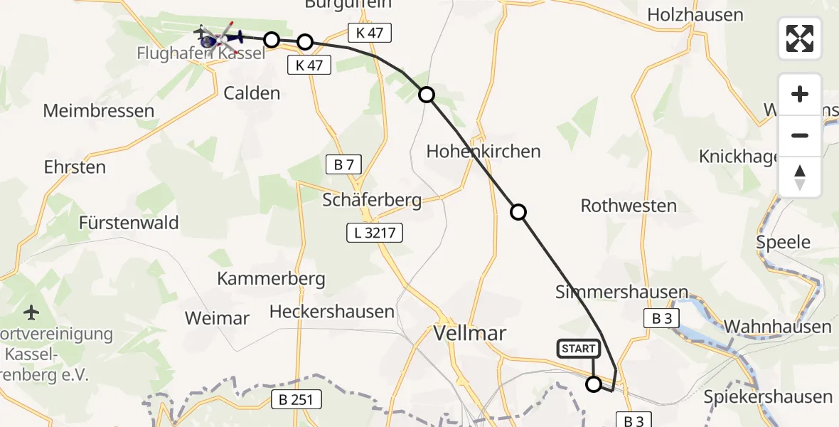Flugroute Polizeihubschrauber Fuldatal Bundespolizei Hubschrauberlandeplatz - Kassel Flughafen, 27 Mai 2026, 05:48