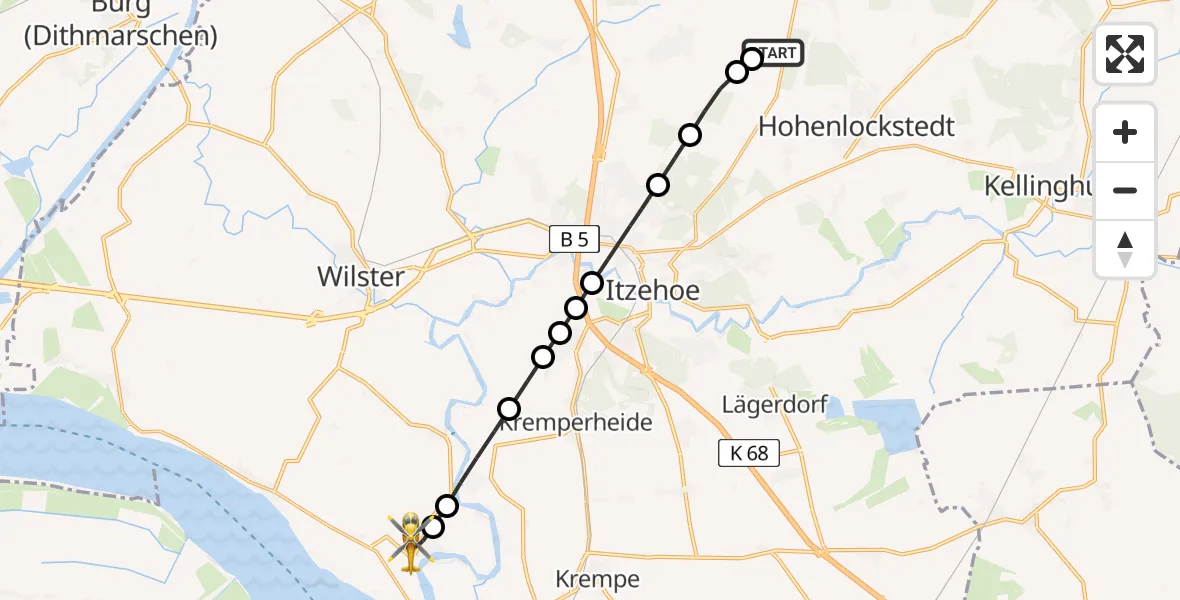 Flugroute Rettungshubschrauber Itzehoe Hungriger Wolf Flugplatz - Wewelsfleth, 27 Mai 2026, 06:07