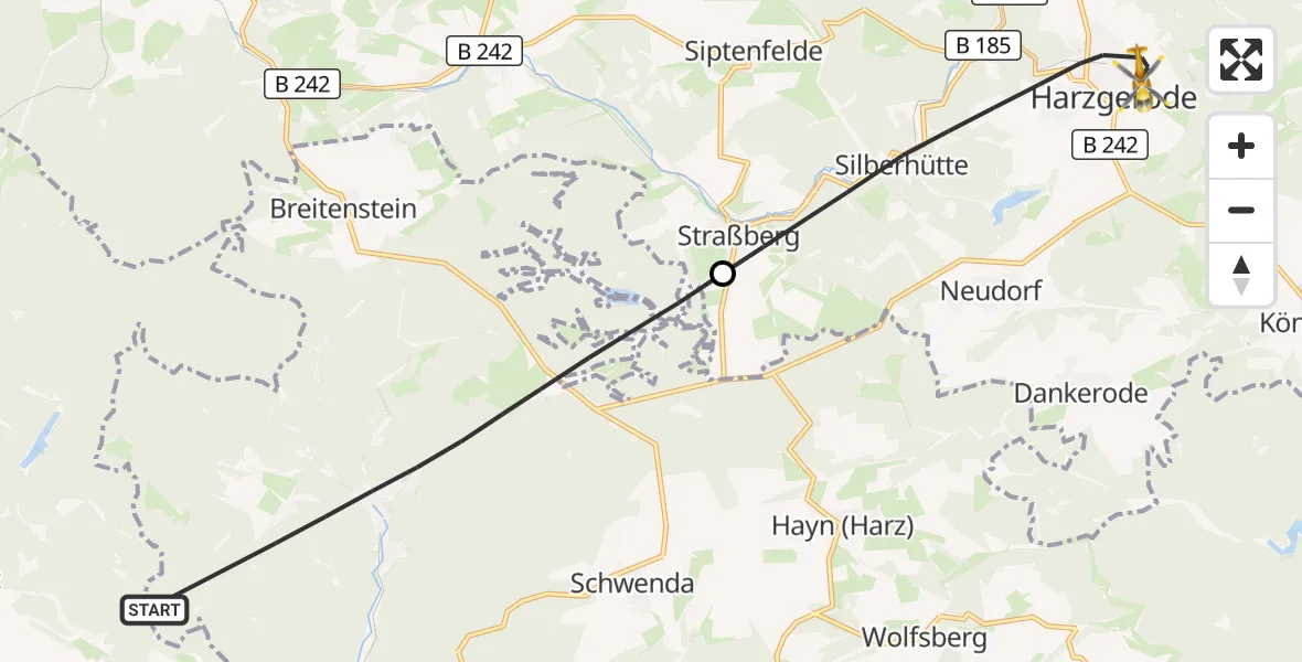 Flugroute Rettungshubschrauber Südharz - Harzgerode, 27 Mai 2026, 06:10