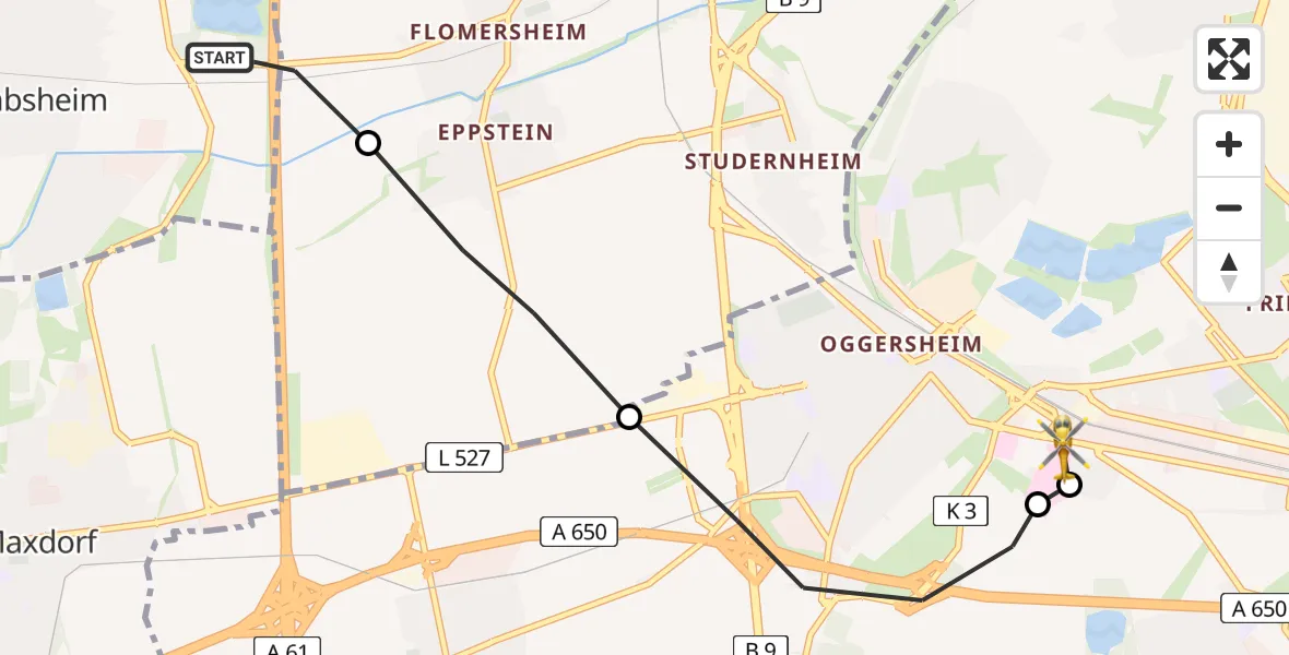 Flugroute Rettungshubschrauber Lambsheim - Ludwigshafen Accident Hospital, 27 Mai 2026, 06:22