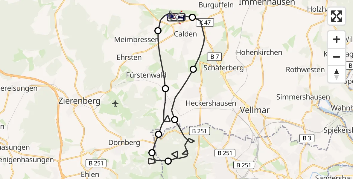 Flugroute Polizeihubschrauber Kassel Flughafen - Kassel Flughafen, 27 Mai 2026, 06:25