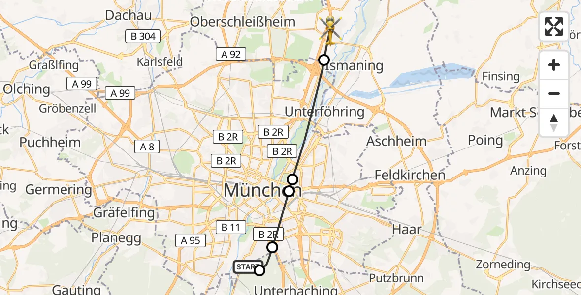 Flugroute Rettungshubschrauber ADAC Air Rescue Center Hubschrauberlandeplatz (Christoph 1) - Garching b.München, 27 Mai 2026, 06:26