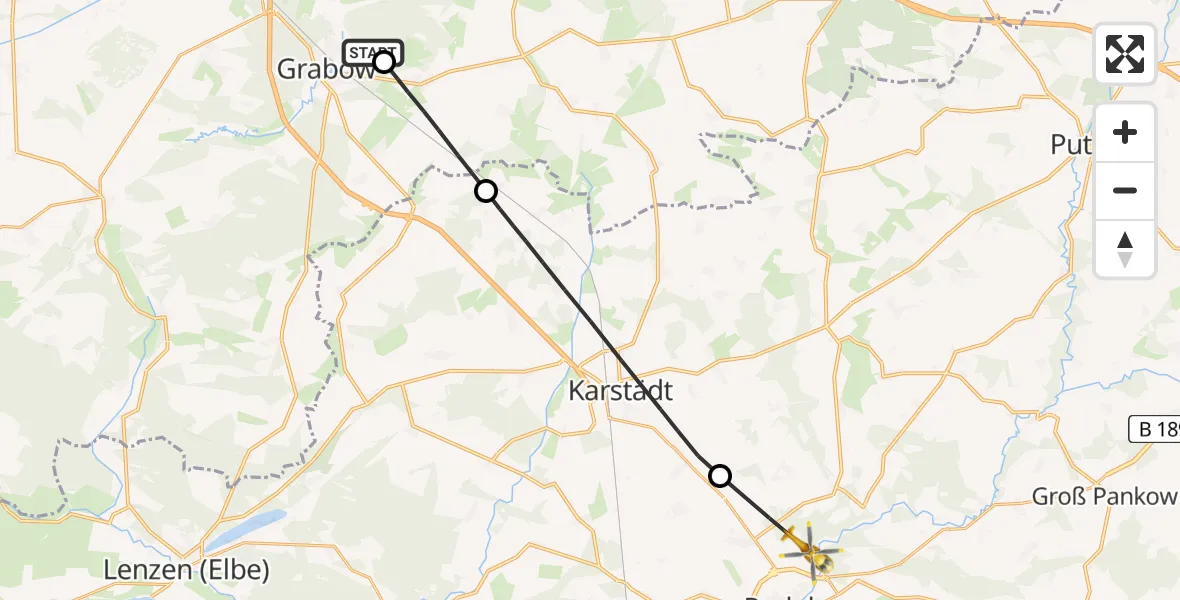 Flugroute Rettungshubschrauber Grabow - Perleberg, 27 Mai 2026, 06:35