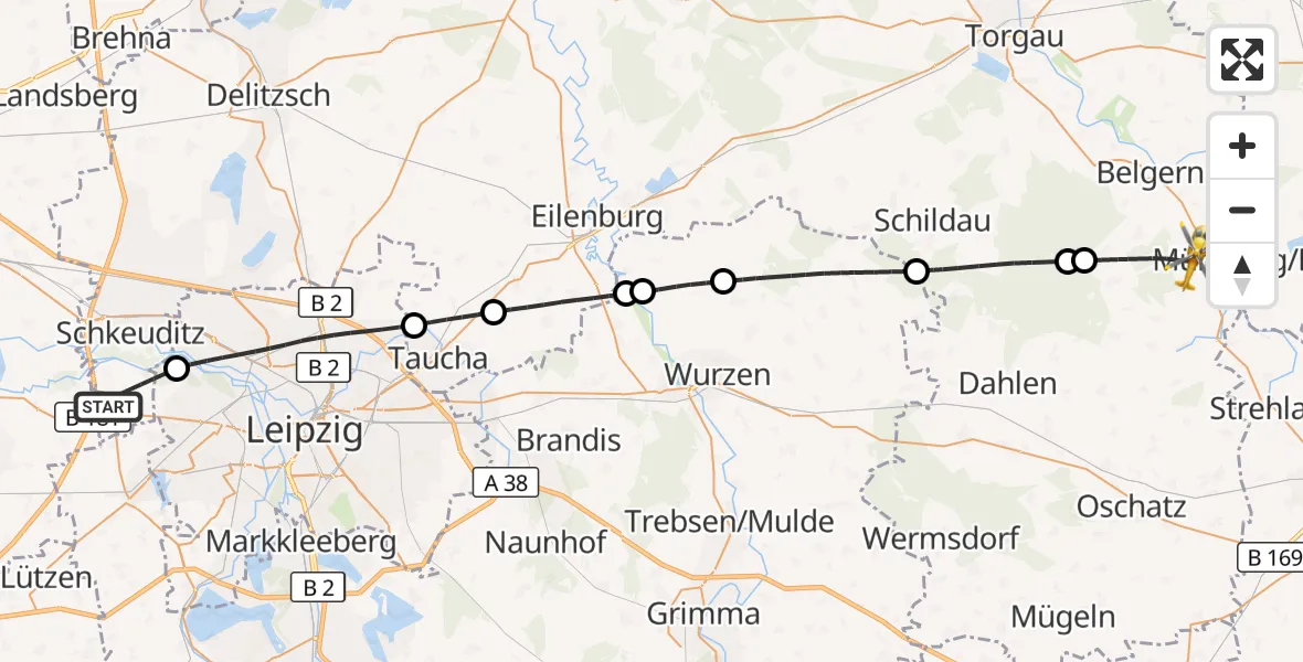 Flugroute Rettungshubschrauber Schkeuditz - Belgern-Schildau, 27 Mai 2026, 06:35