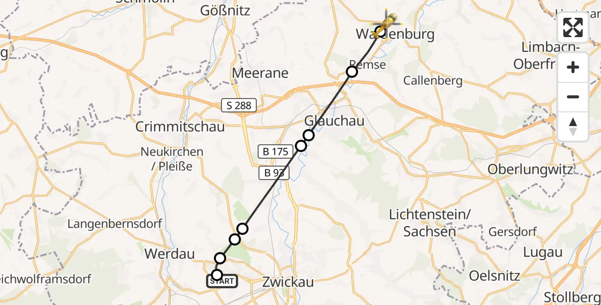 Flugroute Rettungshubschrauber ADAC Air Rescue Station Zwickau Hubschrauberlandeplatz - Waldenburg, 27 Mai 2026, 06:36