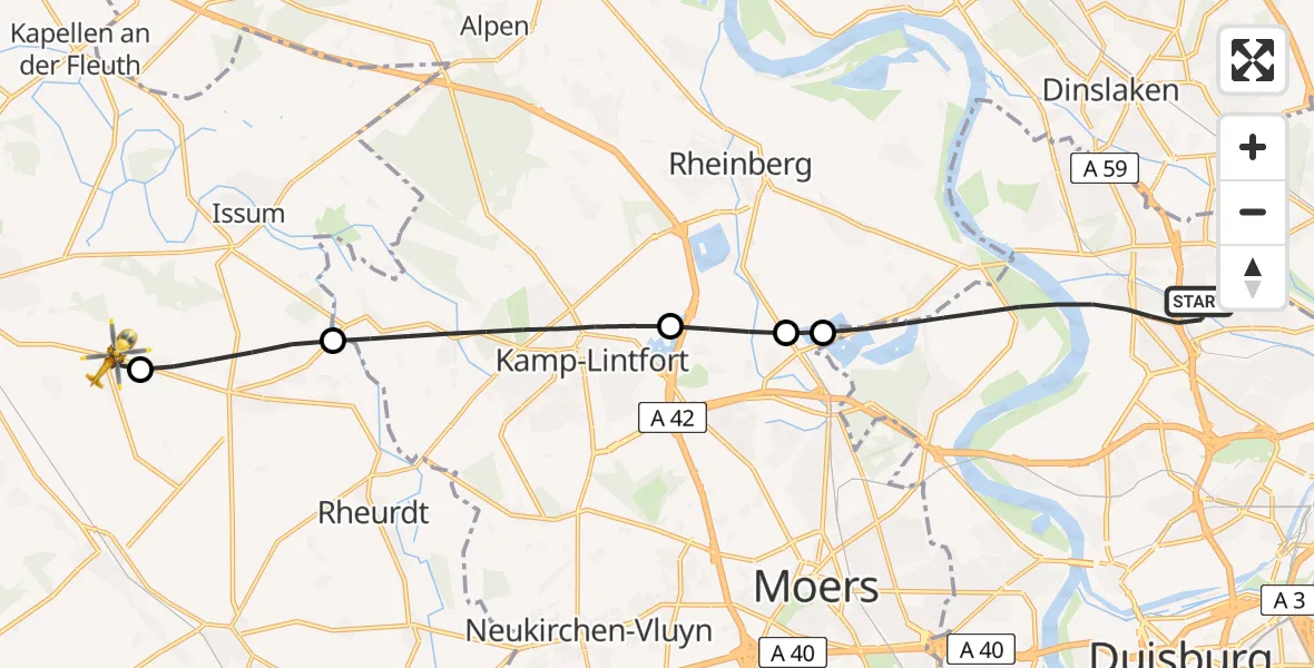 Flugroute Rettungshubschrauber Duisburg - Geldern, 27 Mai 2026, 06:44
