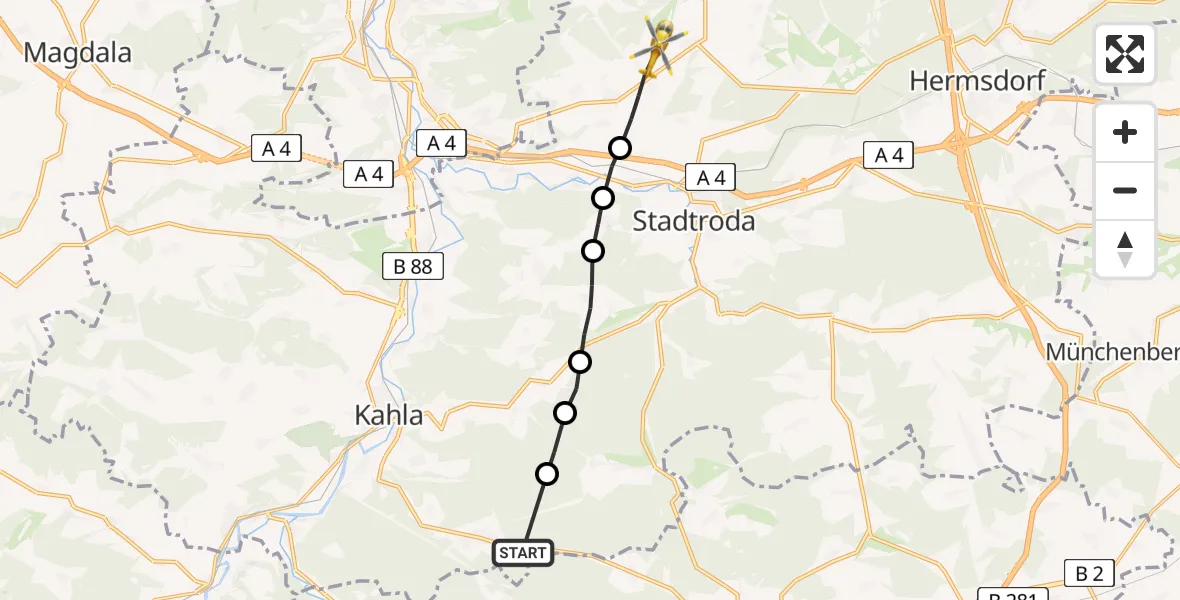 Flugroute Rettungshubschrauber Hummelshain - Schlöben, 27 Mai 2026, 06:45