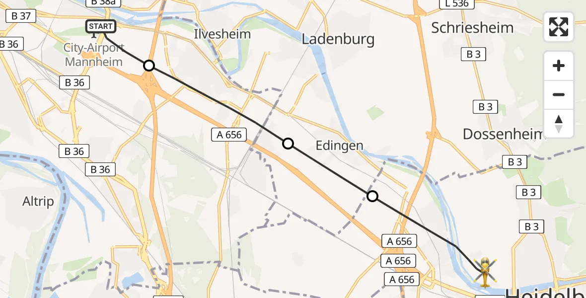 Flugroute Rettungshubschrauber Mannheim-City Flughafen - Heidelberg, 27 Mai 2026, 06:45