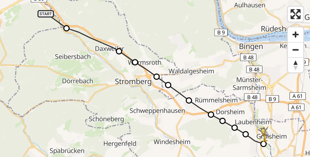 Flugroute Rettungshubschrauber Rheinböllen - Flugplatz Langenlonsheim, 27 Mai 2026, 06:51