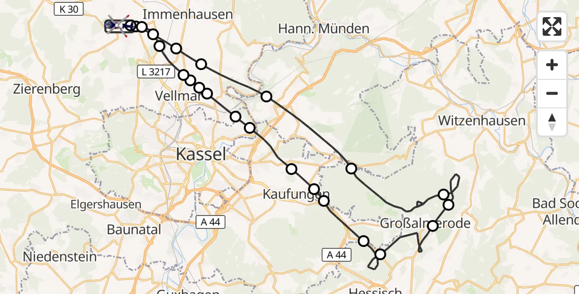Flugroute Polizeihubschrauber Kassel Flughafen - Kassel Flughafen, 27 Mai 2026, 06:54