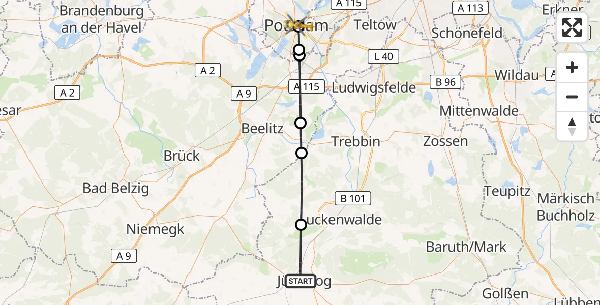 Flugroute Rettungshubschrauber Jüterbog - Ernst von Bergmann Clinic Hubschrauberlandeplatz, 27 Mai 2026, 06:56