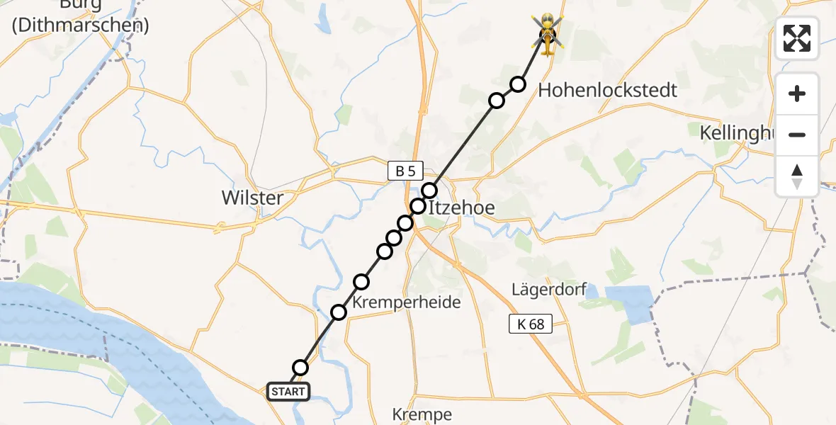 Flugroute Rettungshubschrauber Wewelsfleth - Itzehoe Hungriger Wolf Flugplatz, 27 Mai 2026, 07:11