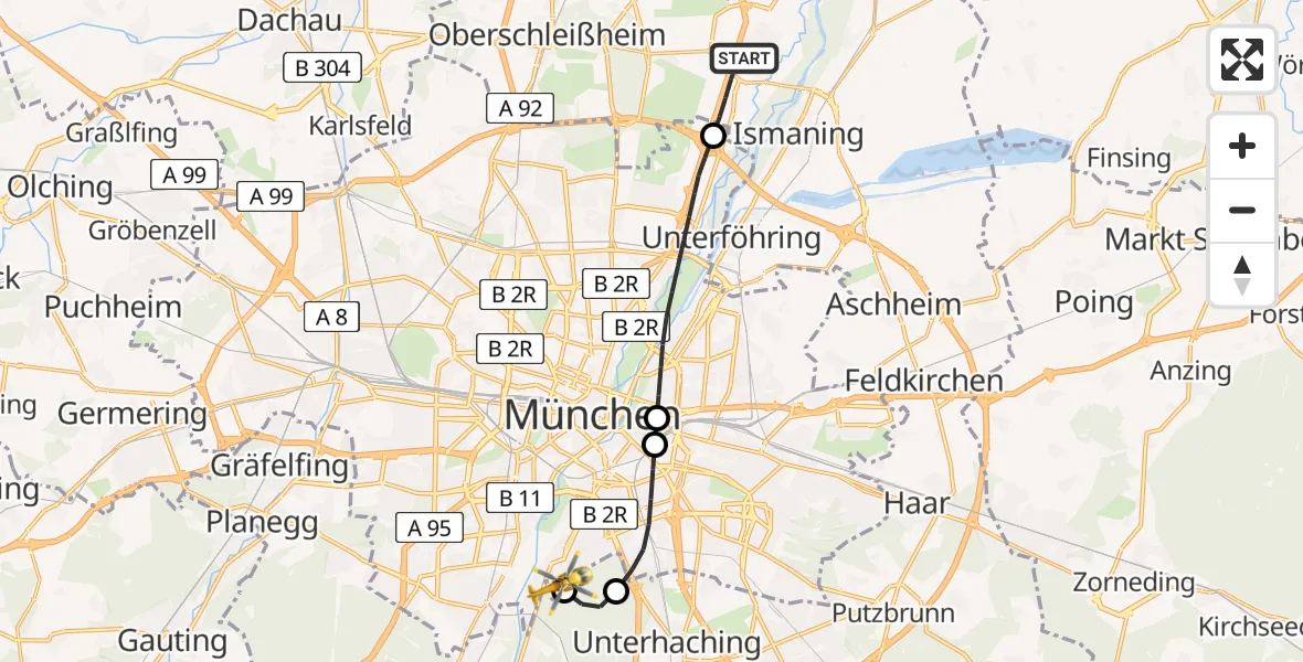 Flugroute Rettungshubschrauber Garching b.München - ADAC Air Rescue Center Hubschrauberlandeplatz (Christoph 1), 27 Mai 2026, 07:14