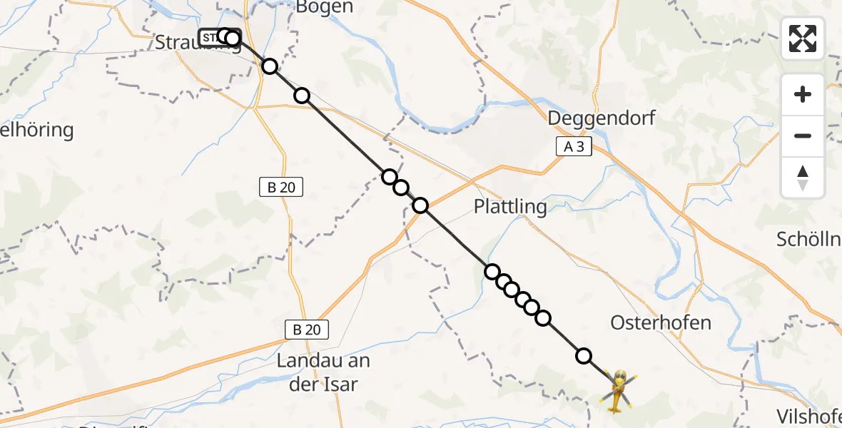 Flugroute Rettungshubschrauber Sankt Elisabeth Hospital Straubing - Osterhofen, 27 Mai 2026, 07:14