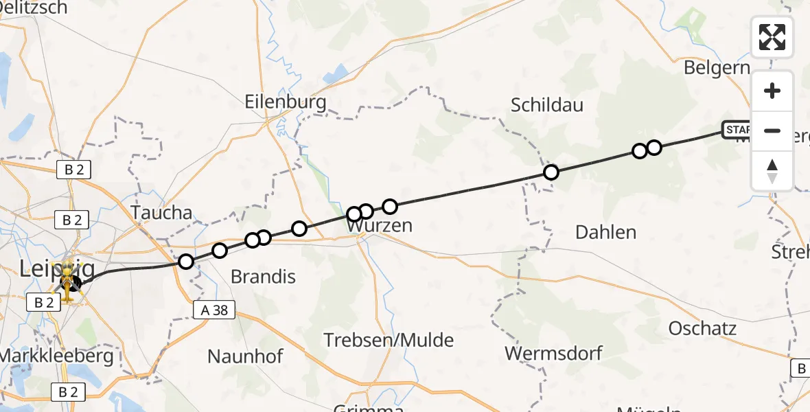 Flugroute Rettungshubschrauber Belgern-Schildau - Leipzig University Hospital Heliport 1, 27 Mai 2026, 07:27