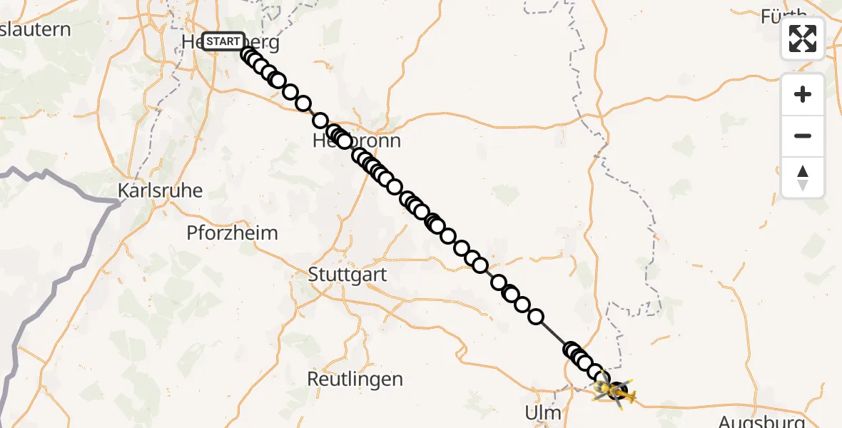 Flugroute Rettungshubschrauber Heidelberg - Günzburg Hospital, 27 Mai 2026, 07:27