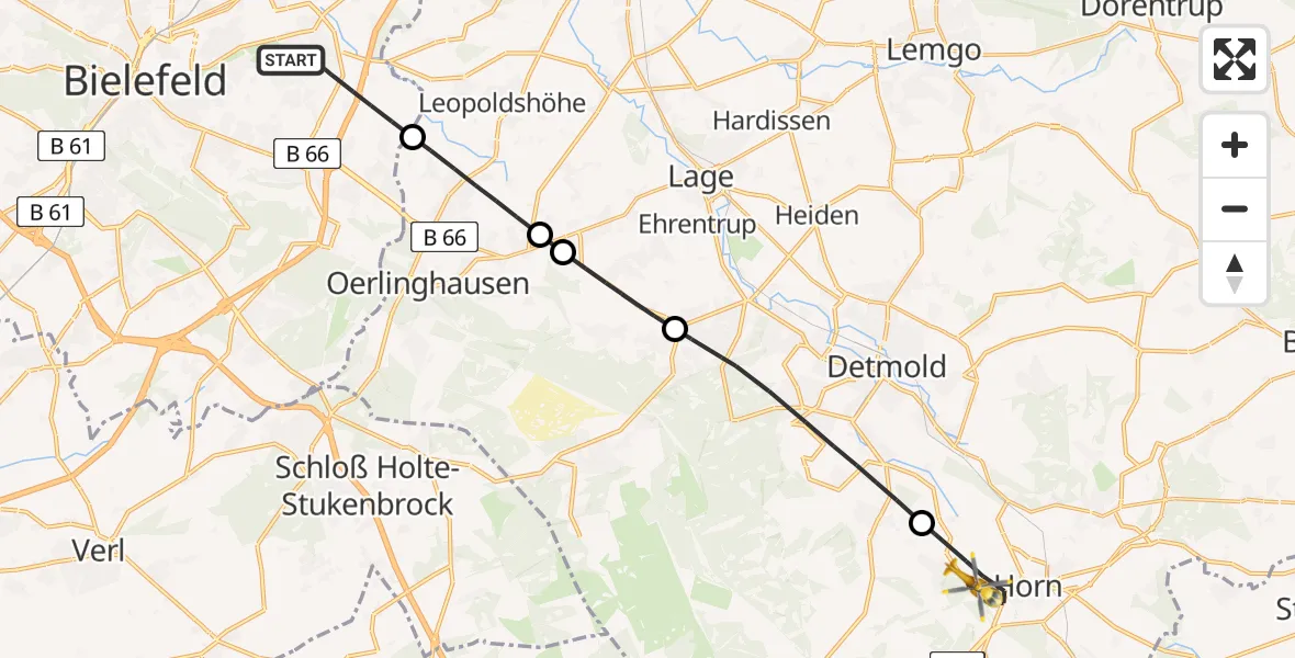 Flugroute Rettungshubschrauber Bielefeld - Horn-Bad Meinberg, 27 Mai 2026, 07:27