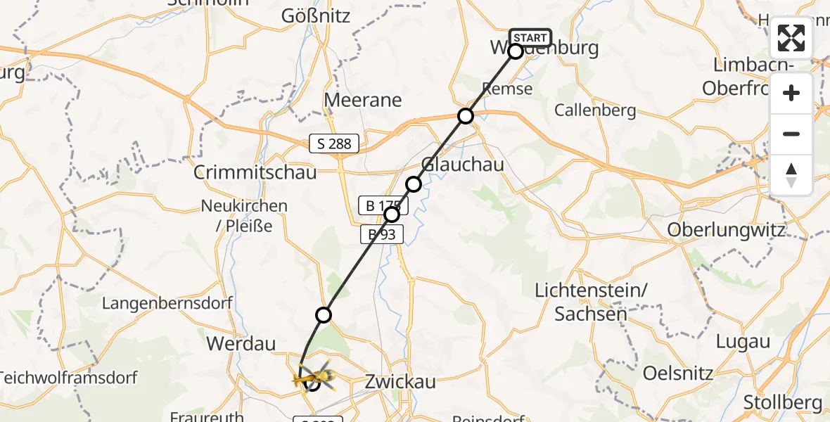 Flugroute Rettungshubschrauber Waldenburg - ADAC Air Rescue Station Zwickau Hubschrauberlandeplatz, 27 Mai 2026, 07:32