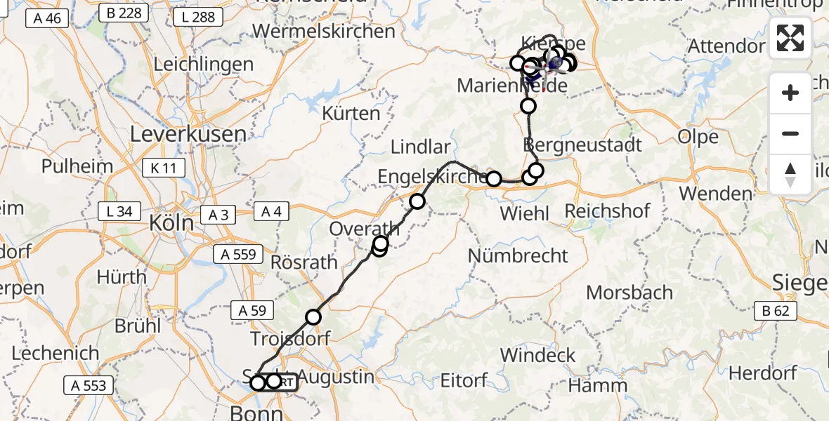 Flugroute Polizeihubschrauber Sankt Augustin - Marienheide, 27 Mai 2026, 07:37