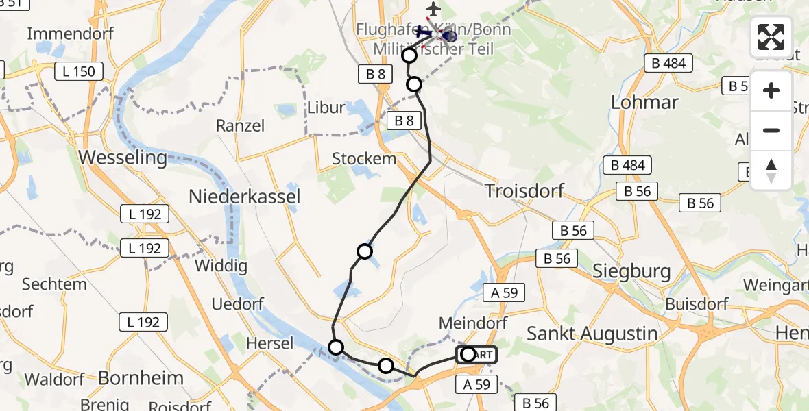 Flugroute Polizeihubschrauber Sankt Augustin - Köln Bonn Flughafen, 27 Mai 2026, 07:38