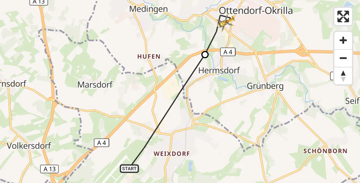 Flugroute Rettungshubschrauber Dresden - Ottendorf-Okrilla, 27 Mai 2026, 07:40