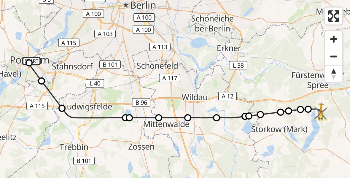 Flugroute Rettungshubschrauber Ernst von Bergmann Clinic Hubschrauberlandeplatz - Bad Saarow, 27 Mai 2026, 07:41
