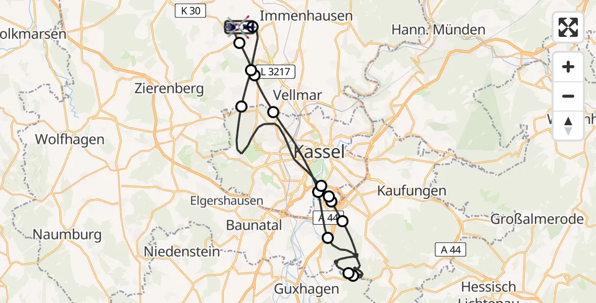 Flugroute Polizeihubschrauber Kassel Flughafen - Kassel Flughafen, 27 Mai 2026, 07:42