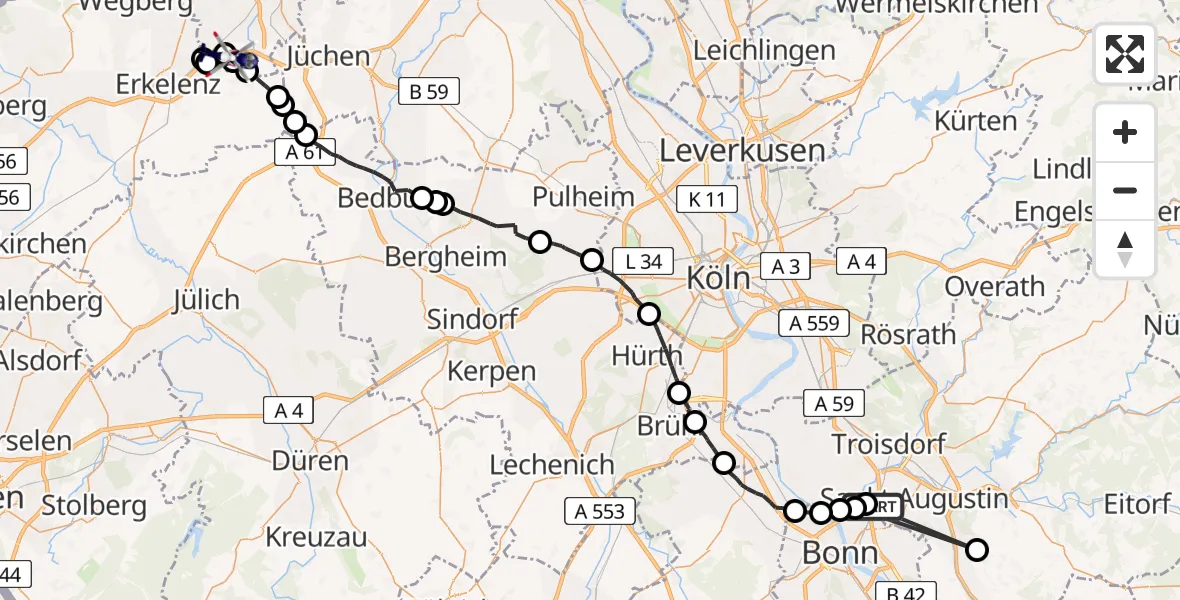 Flugroute Polizeihubschrauber Sankt Augustin - Mönchengladbach, 27 Mai 2026, 07:44