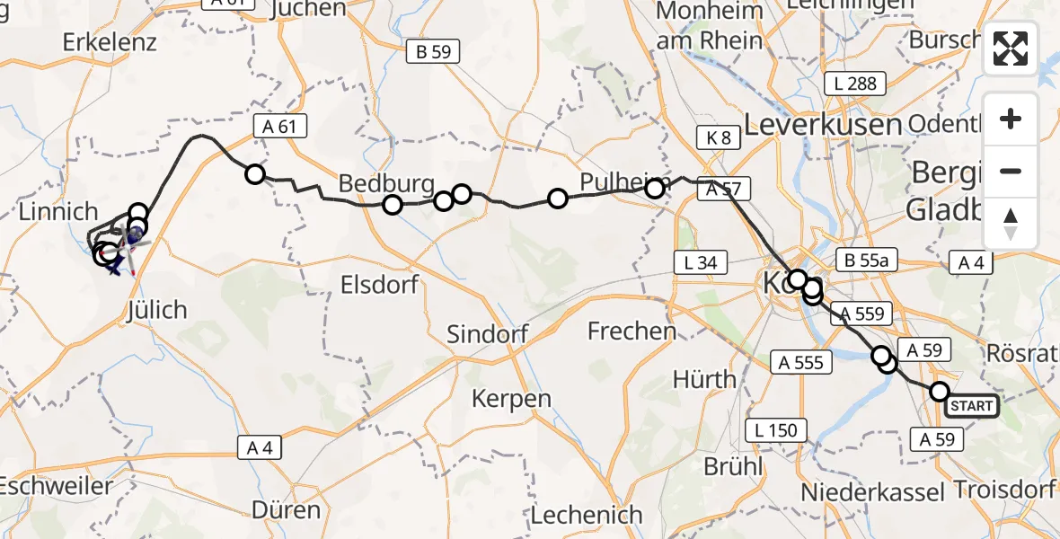 Flugroute Polizeihubschrauber Köln Bonn Flughafen - Linnich, 27 Mai 2026, 07:47