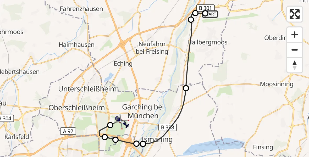 Flugroute Polizeihubschrauber München Flughafen - Garching b.München, 27 Mai 2026, 07:53