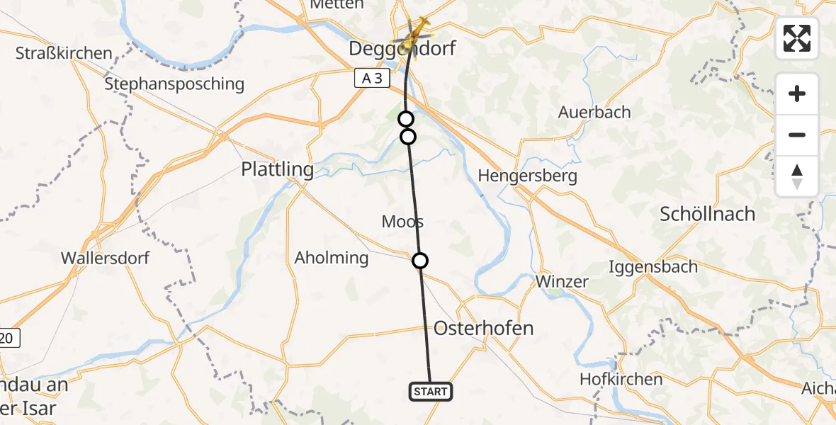 Flugroute Rettungshubschrauber Osterhofen - Deggendorf, 27 Mai 2026, 08:00