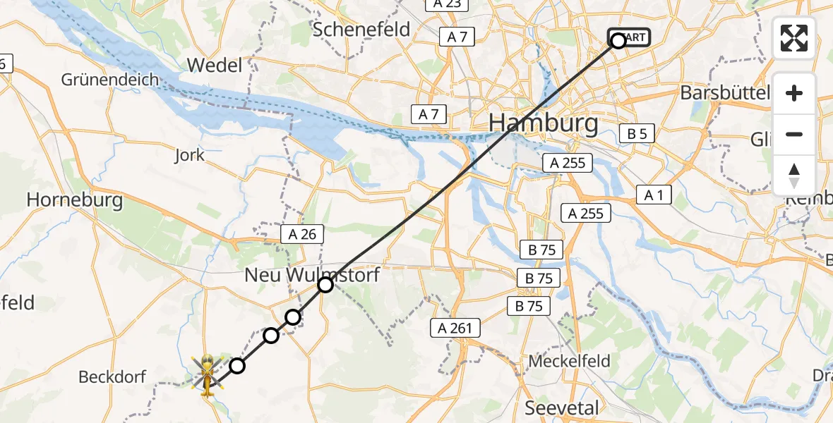 Flugroute Rettungshubschrauber Hamburg Military Hospital - Moisburg, 27 Mai 2026, 08:03