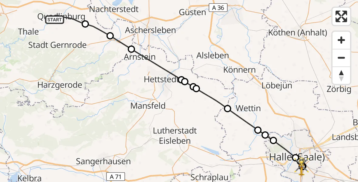 Flugroute Rettungshubschrauber Quedlinburg - BG Hospital Bergmannstrost Halle, 27 Mai 2026, 08:11