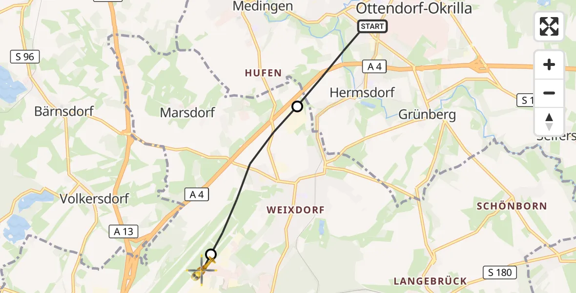 Flugroute Rettungshubschrauber Ottendorf-Okrilla - Dresden Bundespolizei Hubschrauberlandeplatz, 27 Mai 2026, 08:11